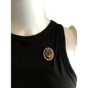 Vintage Oval Black Stone Brooch With Gold Rhinestone Accents